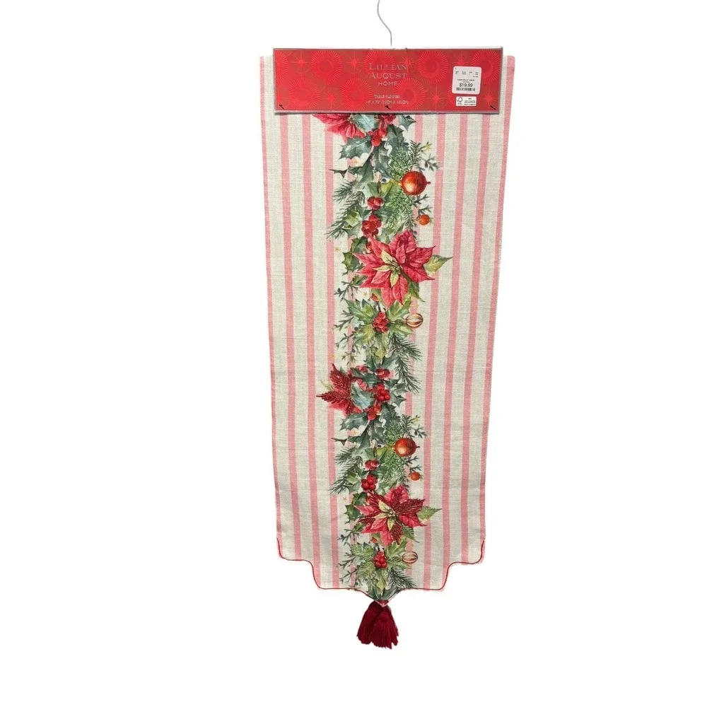 Lillian August Home Christmas Poinsettia Striped Table Runner Pink Red 14x72 NEW
